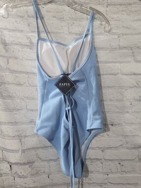 Zaful Pale Blue Ribbed One-Piece Swimsuit